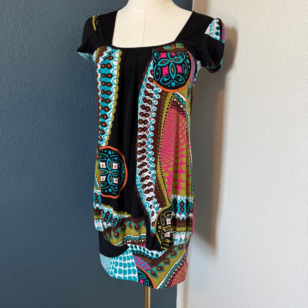 Y2K Retro Mod Boho Psychedelic, Sushi Flower, Mini‎ Dress, Multicolor, Small